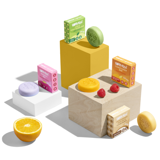 Hair care bars, boxes, and fruit display.