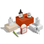 Skincare products on display blocks.