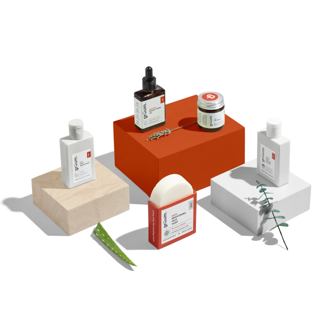 Skincare products on display blocks.