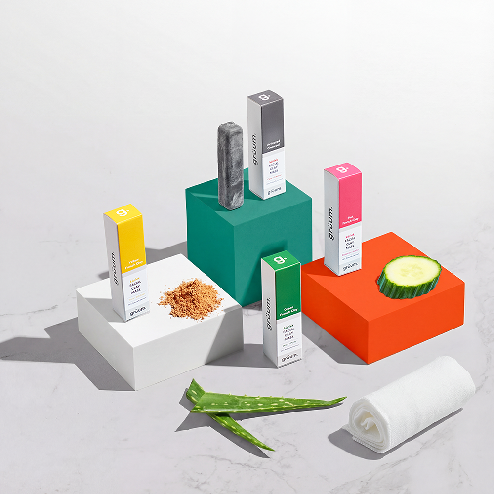 Colorful skincare products with natural ingredients.