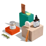 Grooming products on colorful blocks
