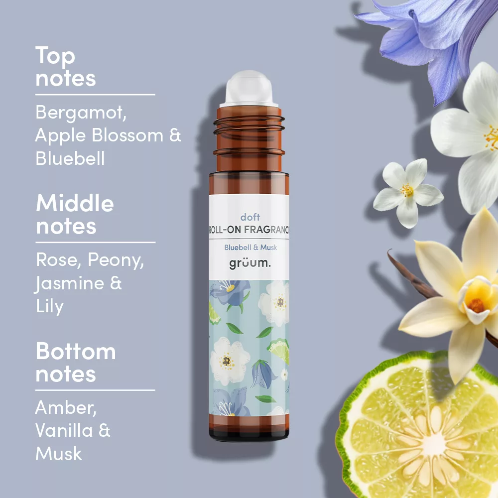 Roll-on fragrance bottle with floral decorations.