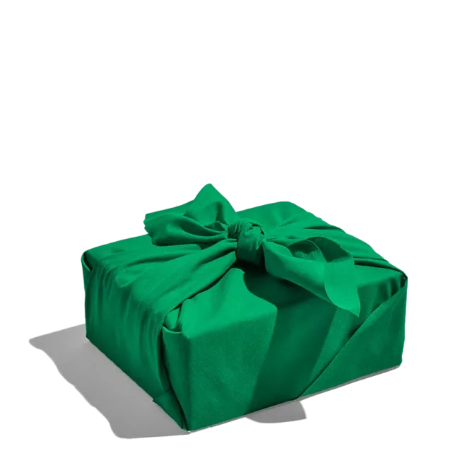 Green fabric-wrapped gift box.