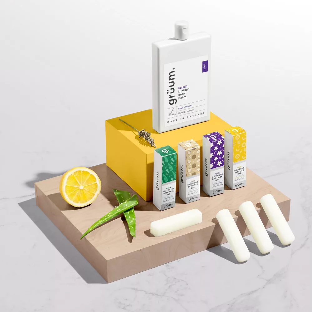 Cosmetic products with lemon and aloe.