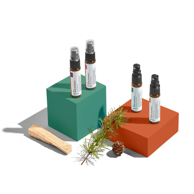 Four spray bottles on colored blocks.