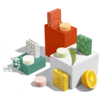 Colorful soap bars and boxes display.