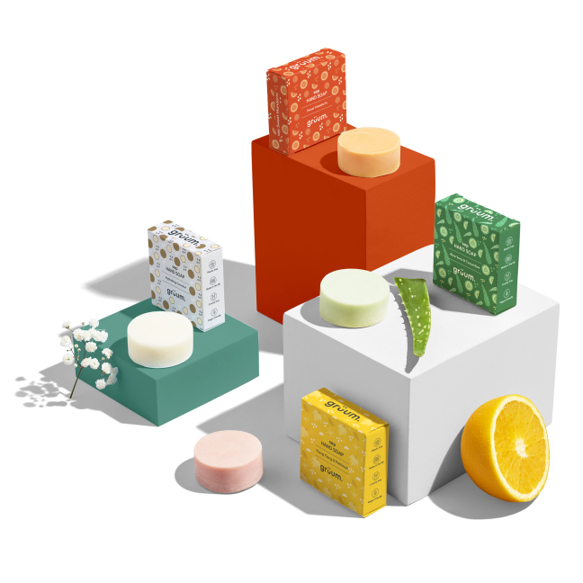 Colorful soap bars and boxes display.