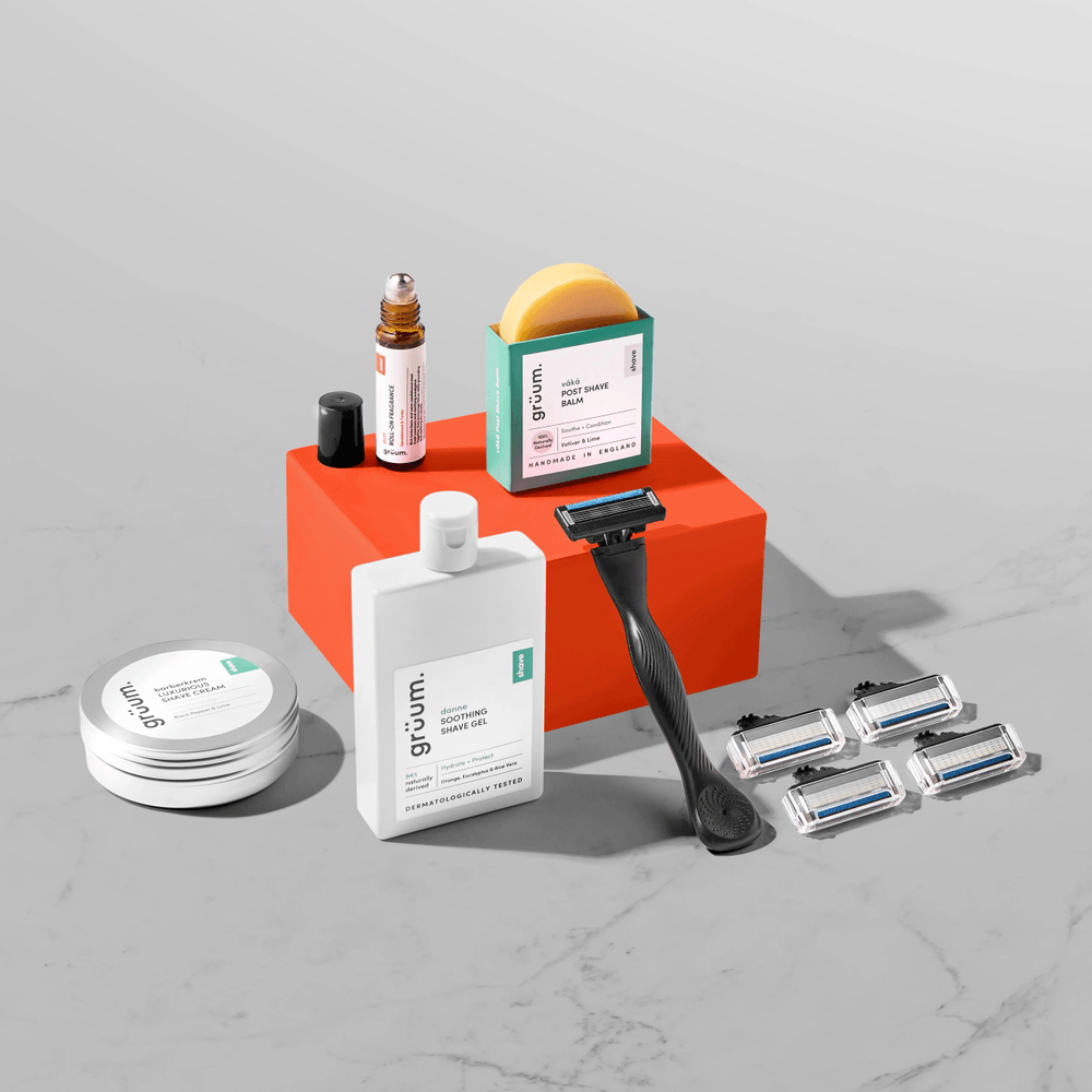 Shaving kit and grooming products displayed