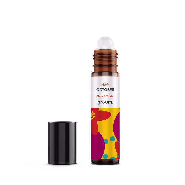 Colorful perfume bottle with open cap.