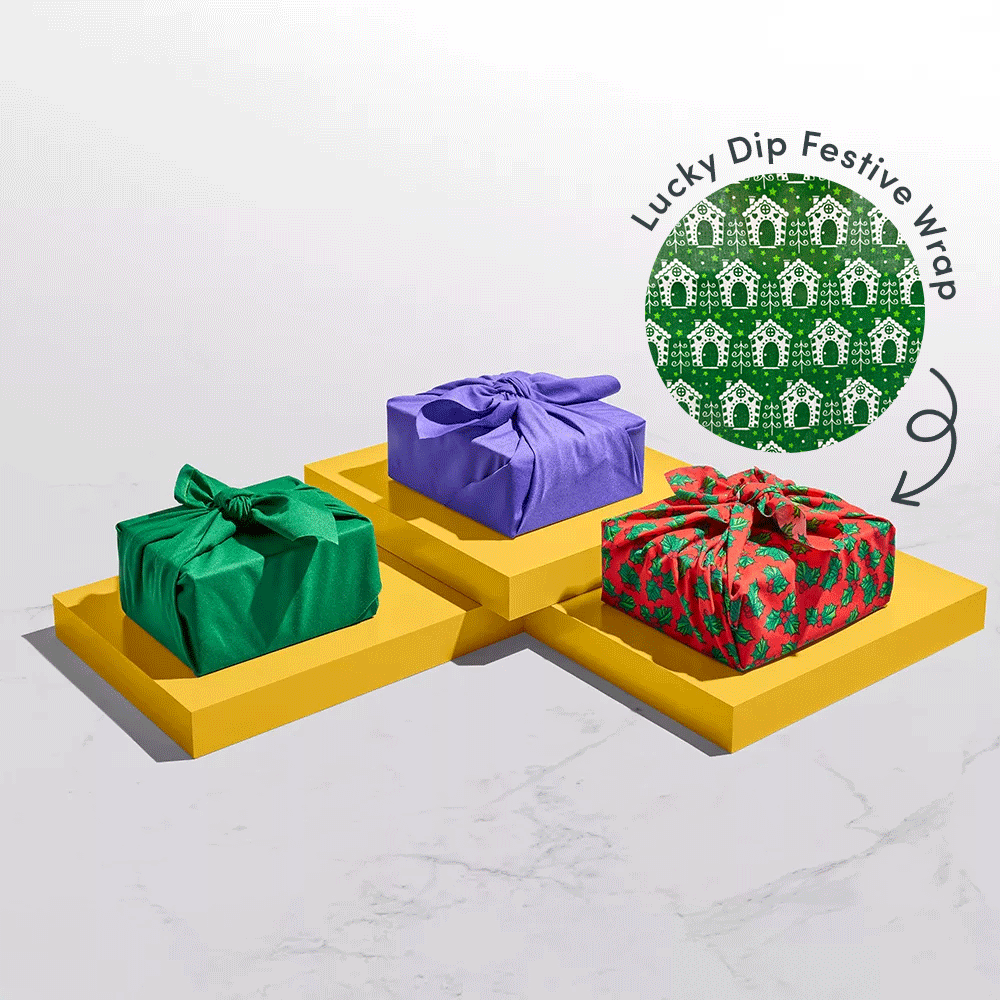 Colorful gifts wrapped in fabric on display