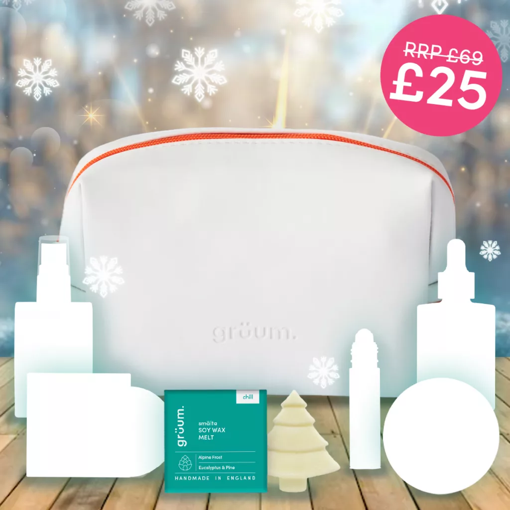 Cosmetic bag with winter-themed items.