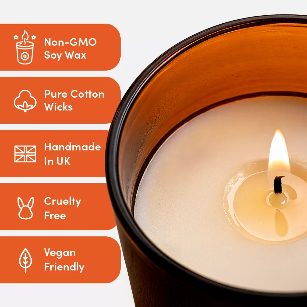 Burning candle with benefits listed