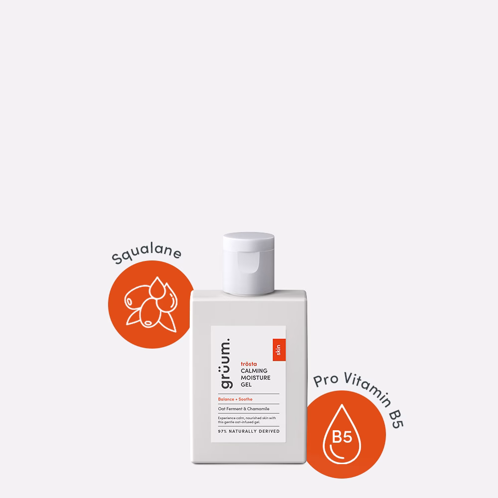Calming moisture gel bottle with ingredients shown.
