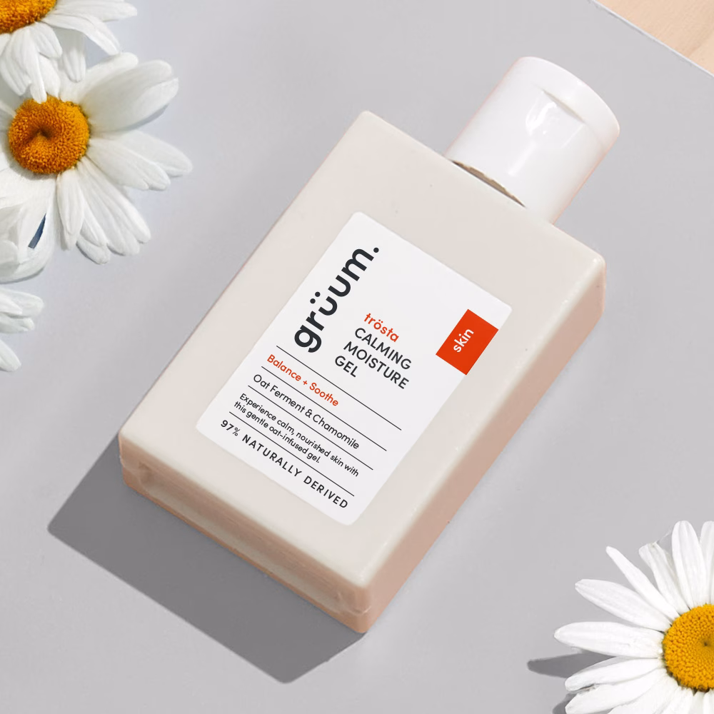 Bottle of calming moisture gel with flowers.