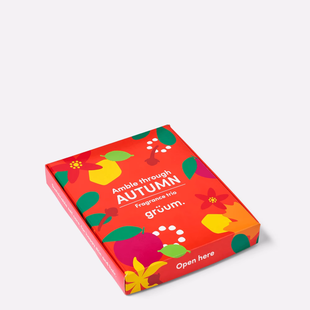 Colorful autumn-themed box on white background.