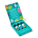 Colorful perfume box with three bottles.