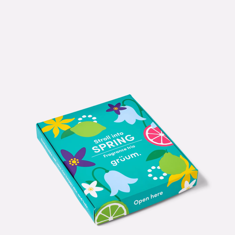 Colorful fragrance packaging with flowers and fruit