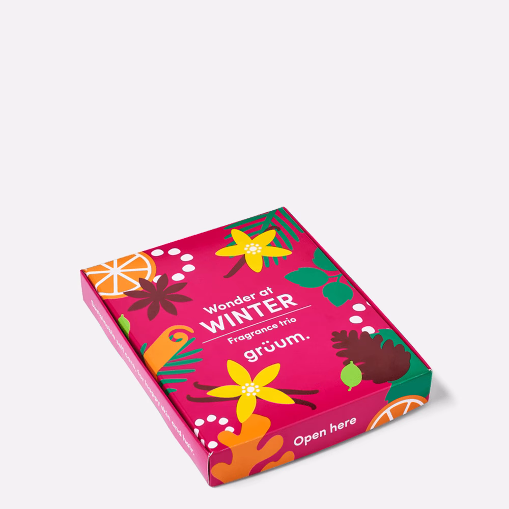 Colorful winter-themed fragrance box