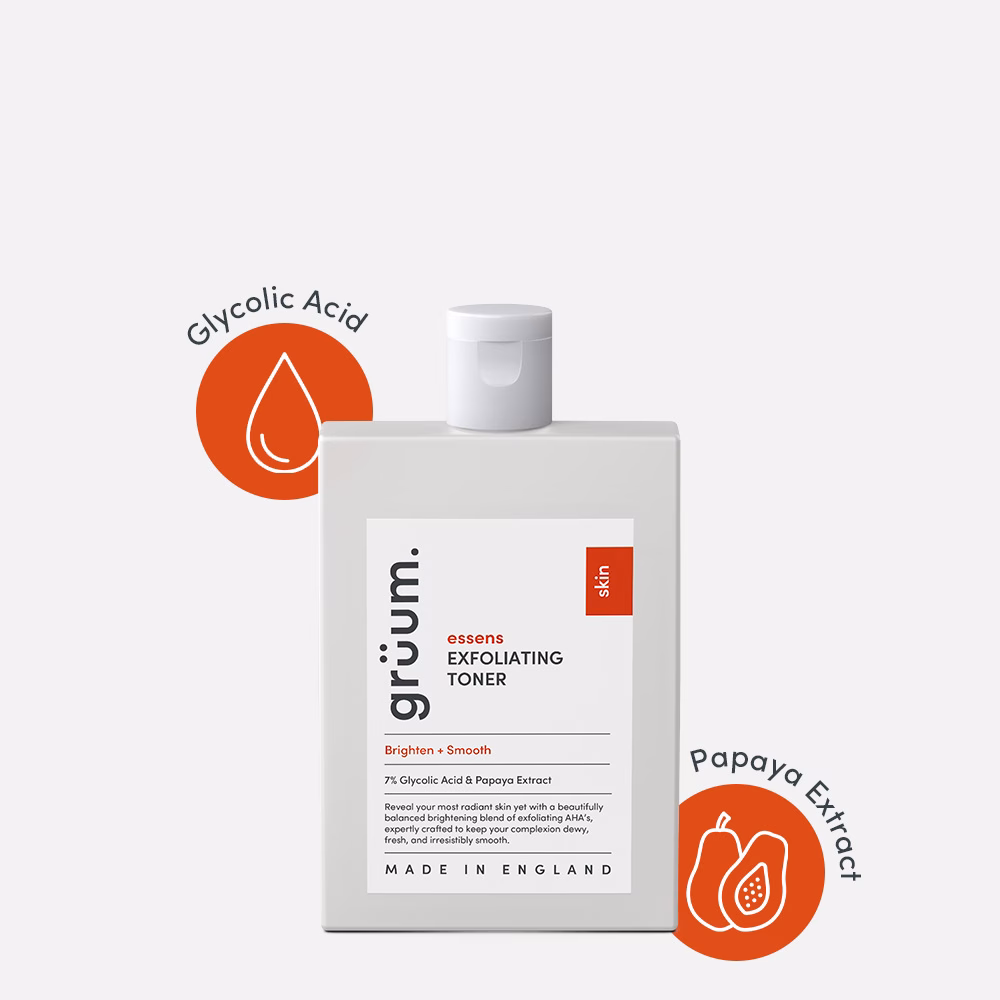 Exfoliating toner bottle with graphics