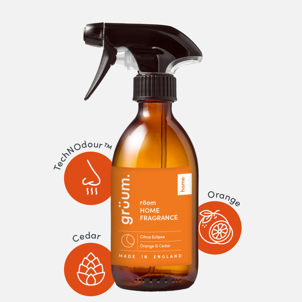 Home fragrance bottle with sprayer nozzle.