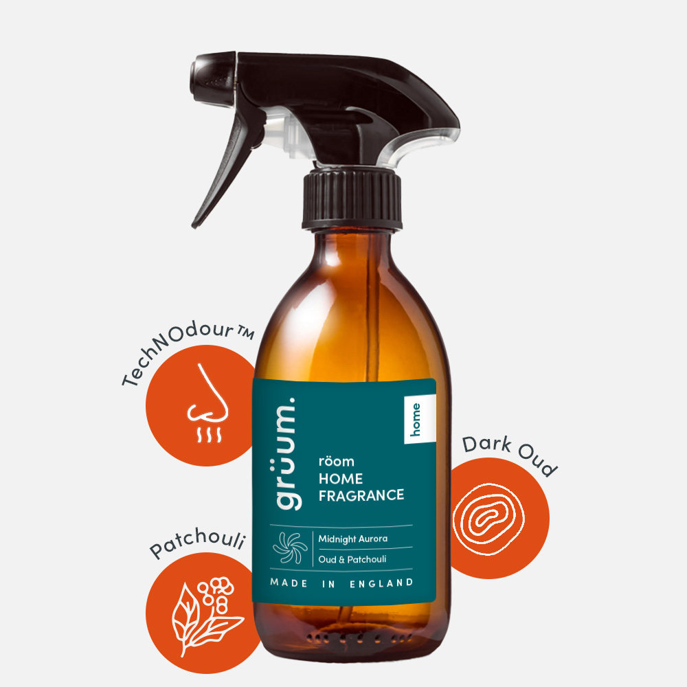 Brown spray bottle with fragrance label