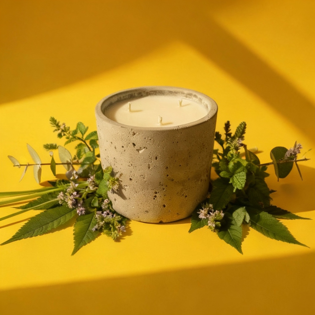 Candle in concrete holder with leaves