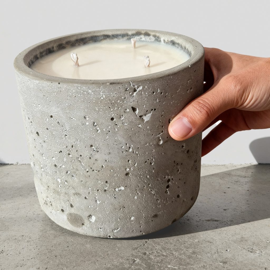 Hand holding concrete candle
