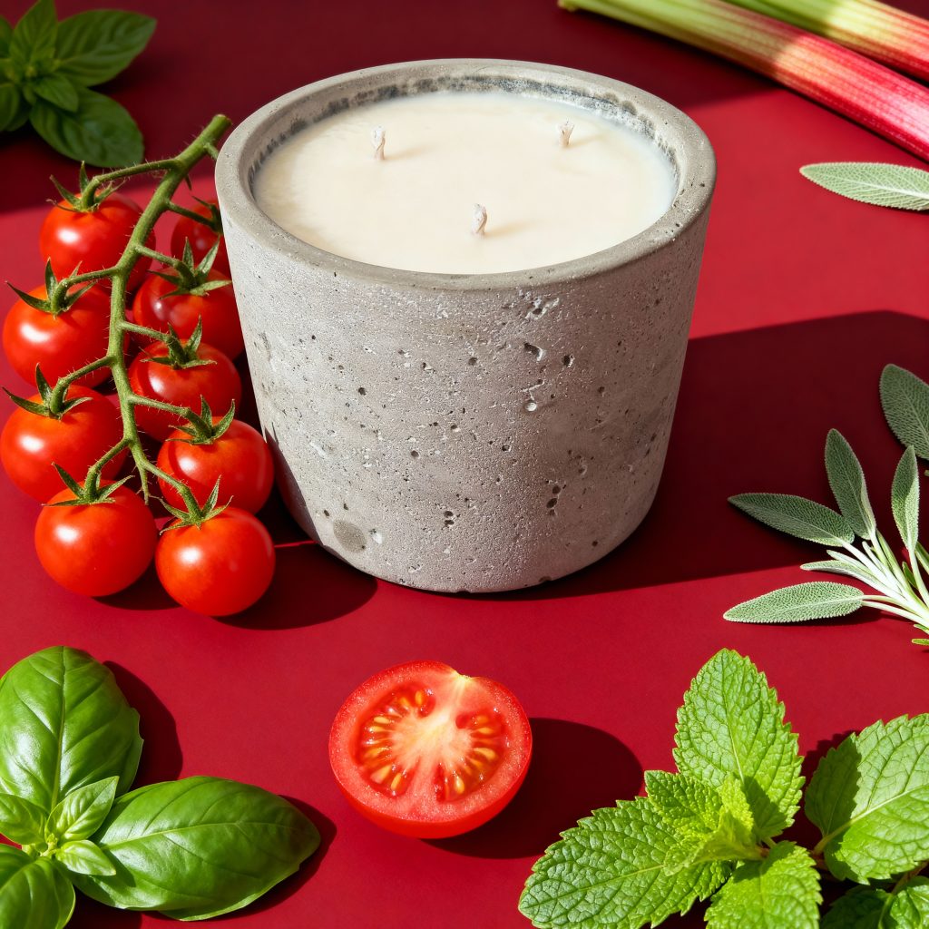 Candle with tomatoes and herbs on red background.