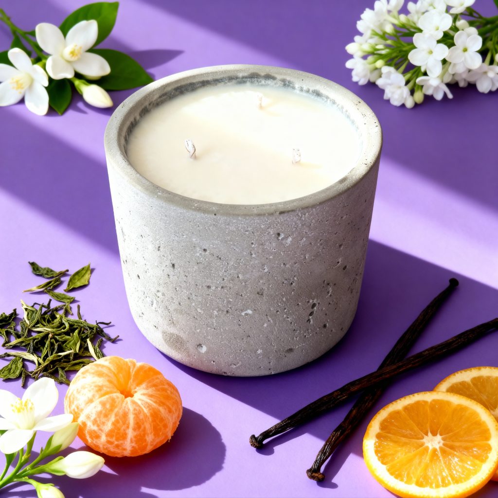 Candle with citrus and flowers on purple background.