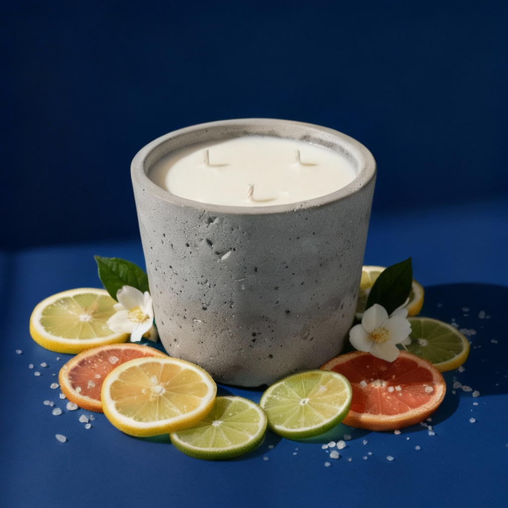 Candle with citrus slices on blue background