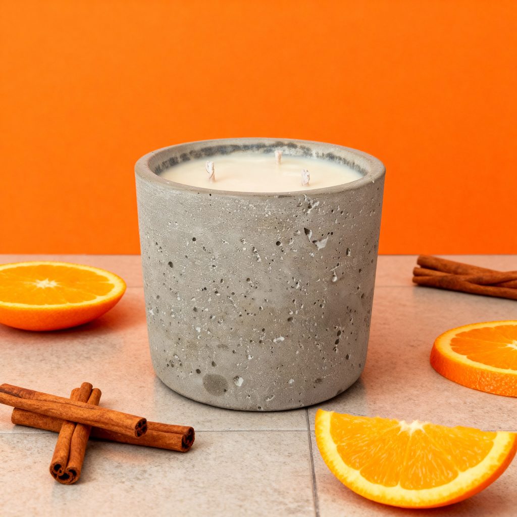 Concrete candle with oranges and cinnamon