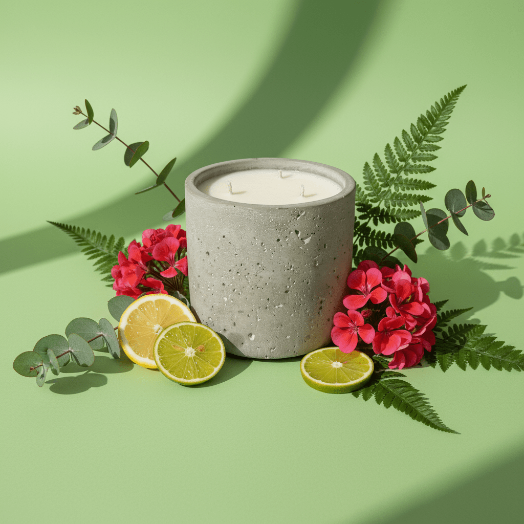 Concrete candle with flowers and citrus slices.