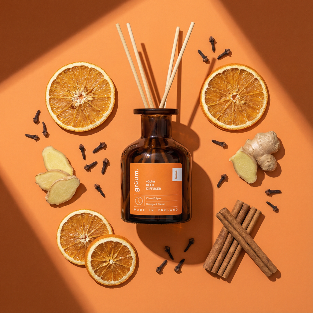Reed diffuser surrounded by spices and oranges.