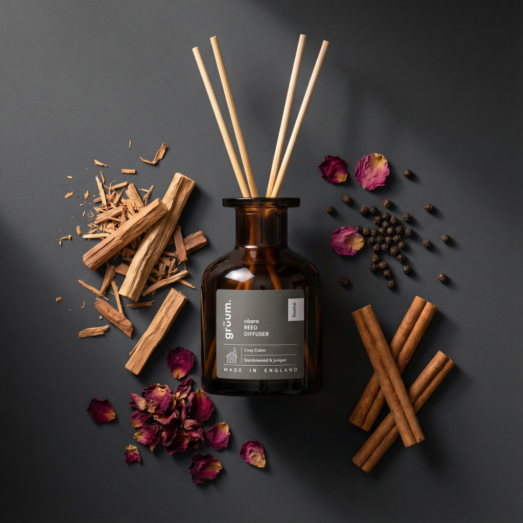 Reed diffuser surrounded by aromatics on dark background.