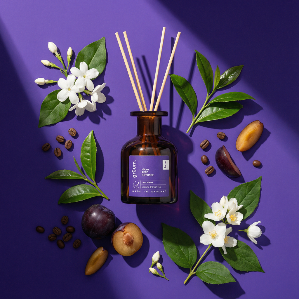 Diffuser with flowers and plums on purple background.