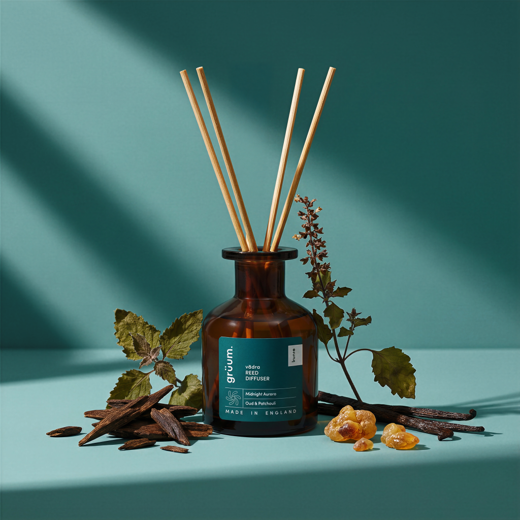 Reed diffuser with botanicals and pebbles.