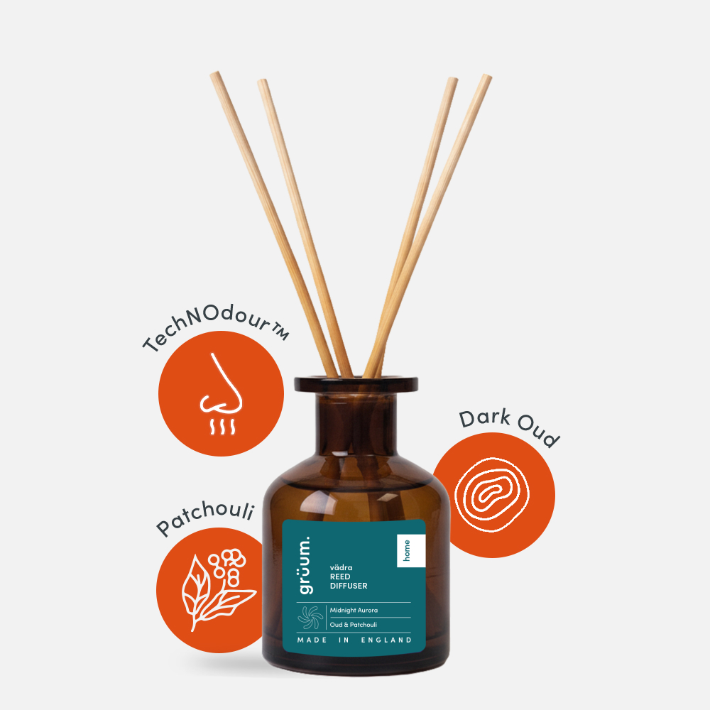 Reed diffuser with scent icons.